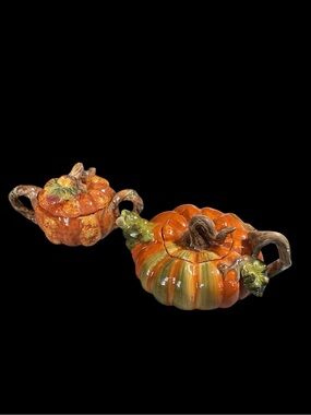 Kaldun & Bogle Miniature Pumpkin Teapot & Sugar Bowl Set Fall Harvest Majolica